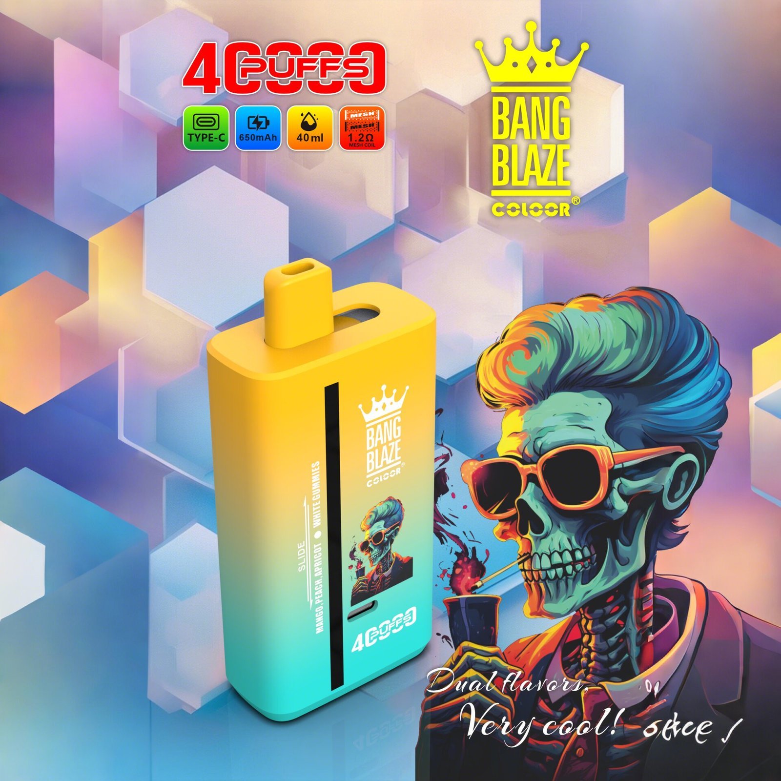 bang-blaze-40k-40000-puffs-mango-peach-apricot-white-gummies.jpeg Bang Blaze 40K Puffs - 2 az 1-ben Vape Nagykereskedelmi Vásárlás - Image 1