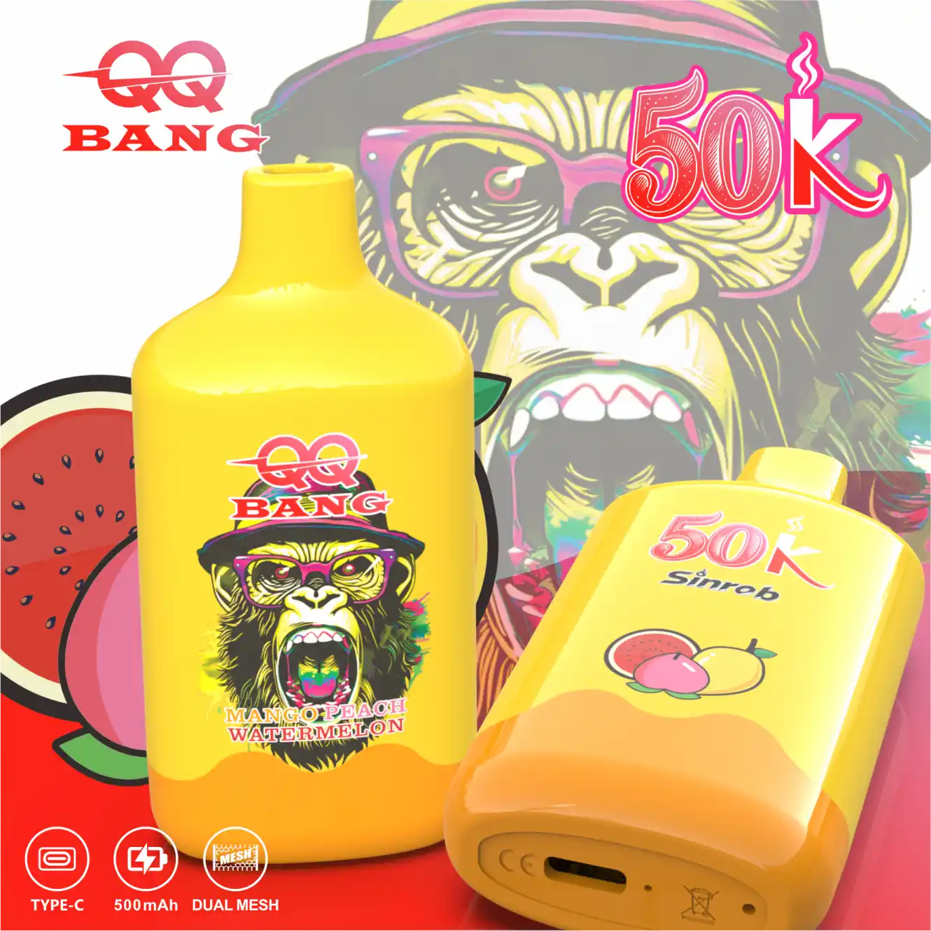 QQ-BANG-50000-Puffs-Mango-Peach-Watermelon.webp QQ BANG 50000 Puffs Eldobható Vape – 50 000 Puff • Dual Mesh • Újratölthető - Image 1