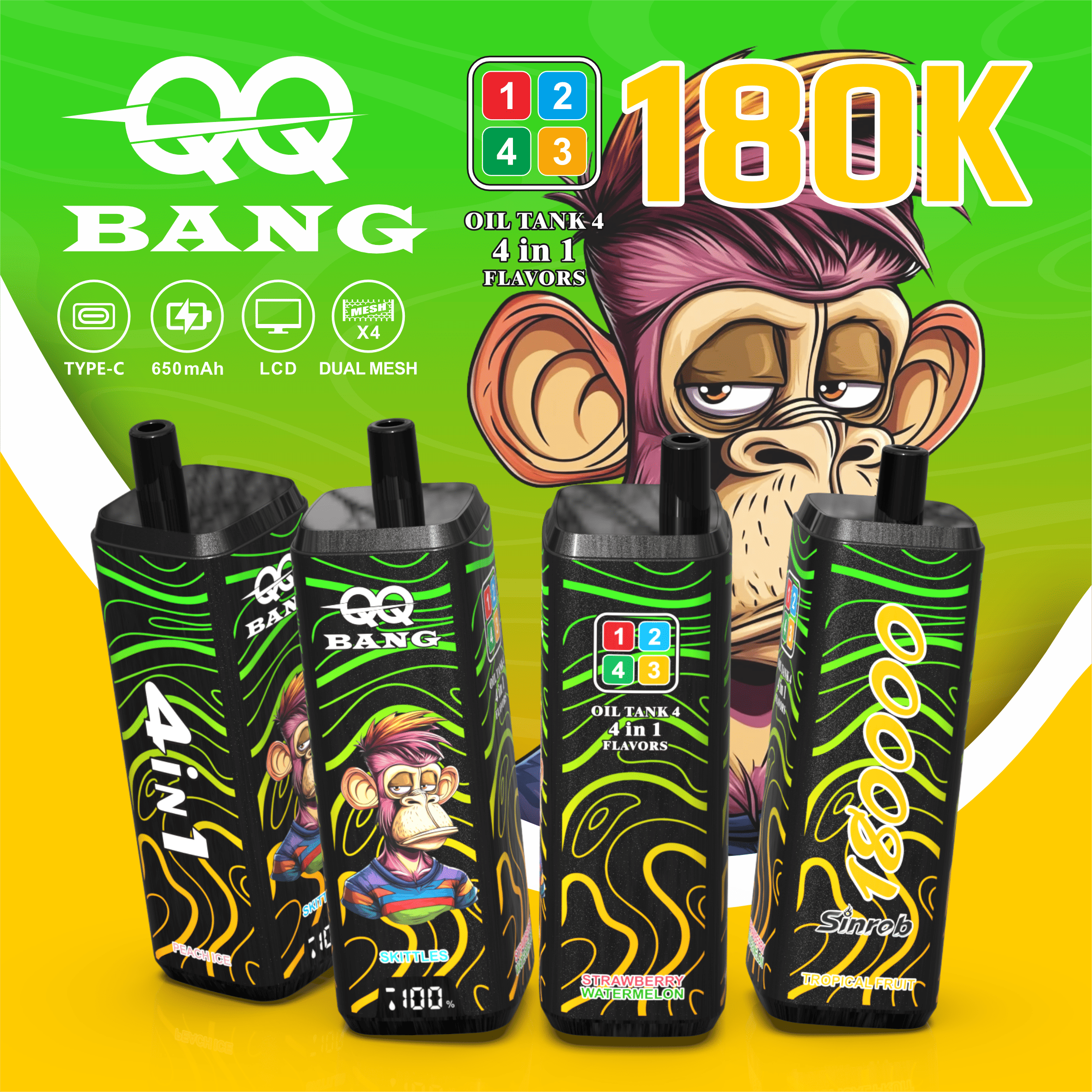 VapePurchase-qq-bang-180000-180k-puffs-tropical-fruit-peach-ice-skittles-strawberry-watermelon.webp QQ BANG 180K Eldobható Vape – 180 000 Puff • 4 az 1-ben Ízrendszer • LCD Kijelző - Image 1